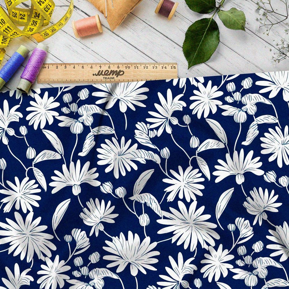 Ткань премиум Оксфорд 600D белые цветы на темно-синем