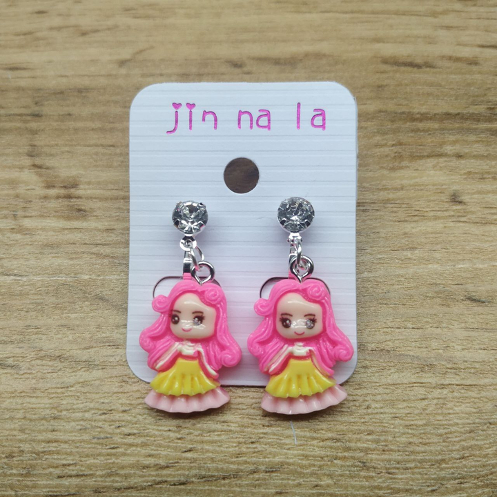 Клипсы Girl Девочка в платье с ярко-розовыми волосами кристалл металл серебристый