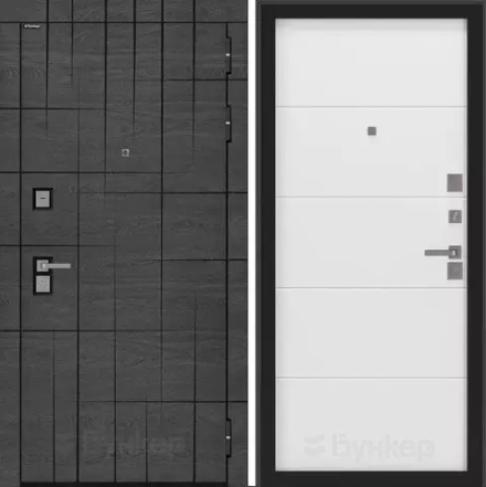 Входная металлическая дверь Бункер BN-09  Дуб майдера горизонт с черной патиной/  ФЛ- 649 белый софт (белый матовый, без текстуры)