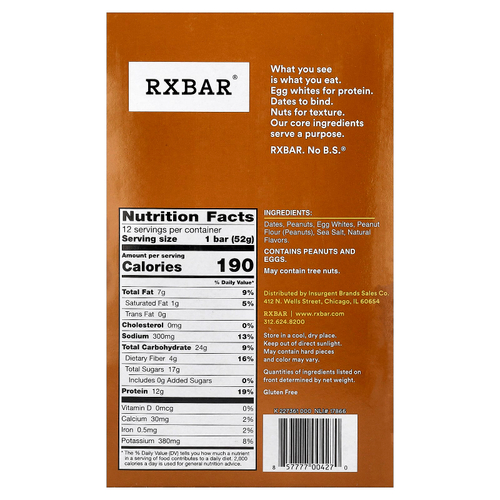 RXBAR, протеиновый батончик, арахисовая паста, 12 батончиков по 52 г (1,83 унции)
