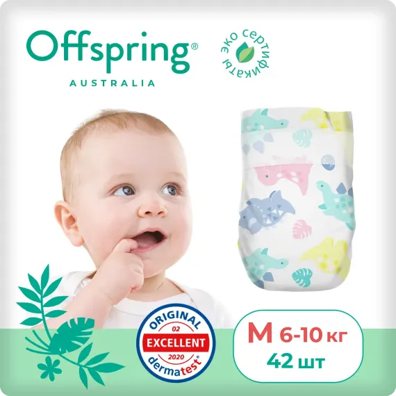 Подгузники Offspring M 6-10 кг, 42 шт, динозавры