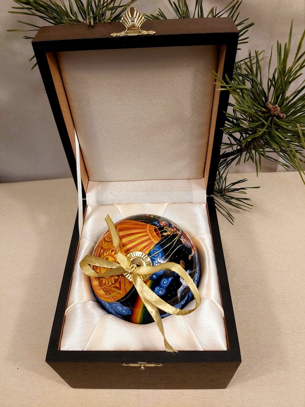 Шар новогодний (круговая роспись Палех) Волшебный корабль в футляре