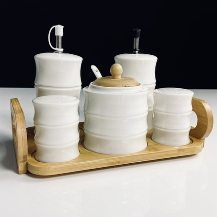 Lenardi 140-162 Набор для специй с сахарницей и бутылки для масла/уксуса 5пр. на под-ке BAMBO в под.уп.(х12)