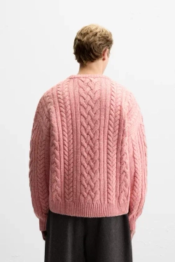 ZARA ШЕРСТЯНОЙ СВИТЕР С УЗОРОМ «КОСЫ», РОЗОВЫЙ
