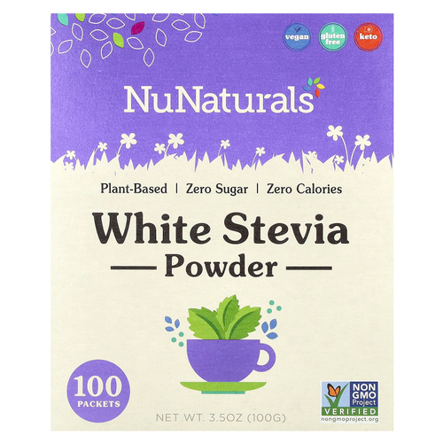 NuNaturals, NuStevia, белый порошок стевии, 100 пакетиков, 100 г (3,5 унции)