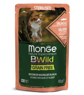 Монж Cat BWild Grain Free Стерилизованные кошки Лосось с креветками и овощами 85гр.
