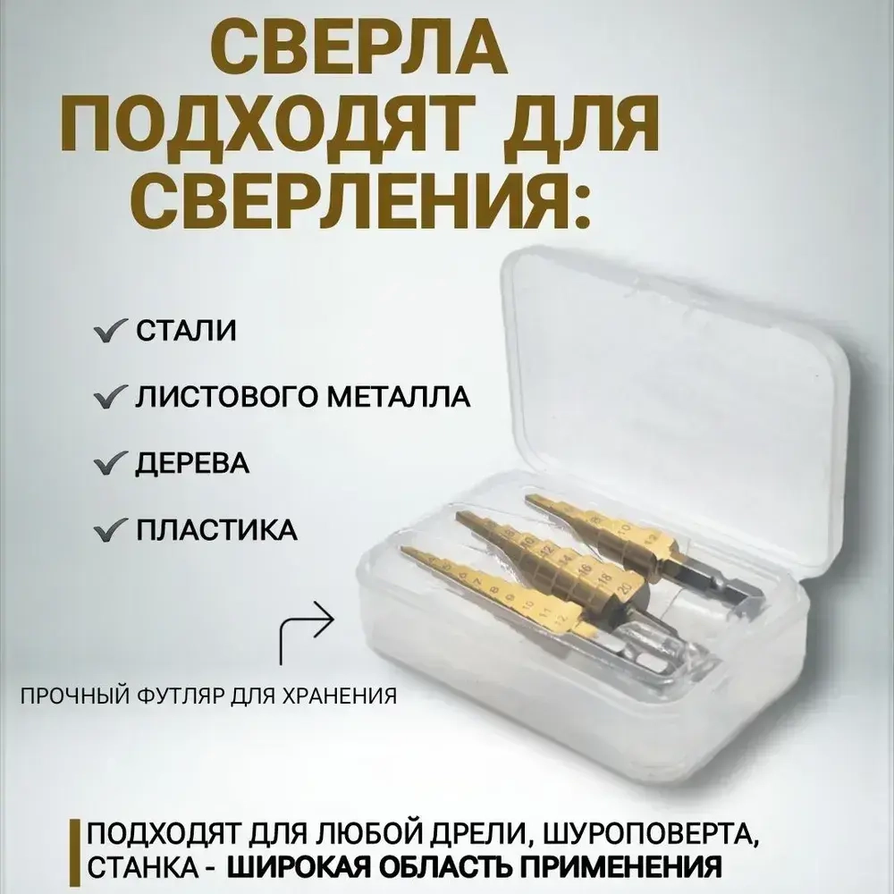 Набор ступенчато конусных сверл по металлу и дереву с титановым покрытием 3шт (3-12 мм, 4-12мм, 4-20мм) / Сверло ступенчатое набор 3 в 1