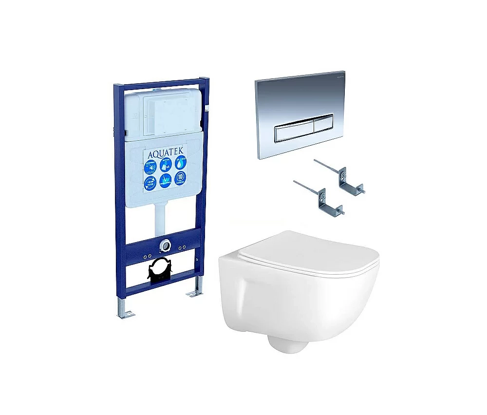 Унитаз с инсталляцией Aquatek Дива SET AQUATEK ДИВА 4в1 с кнопкой хром глянцевый, с крышкой микролифт, безободковый