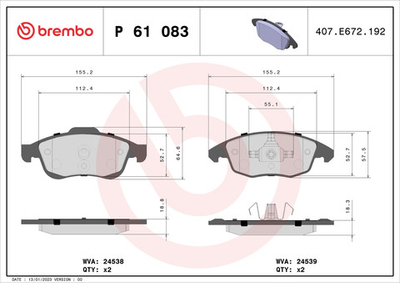 BREMBO - P61083-BRB - Brake Pad Set, disc brake