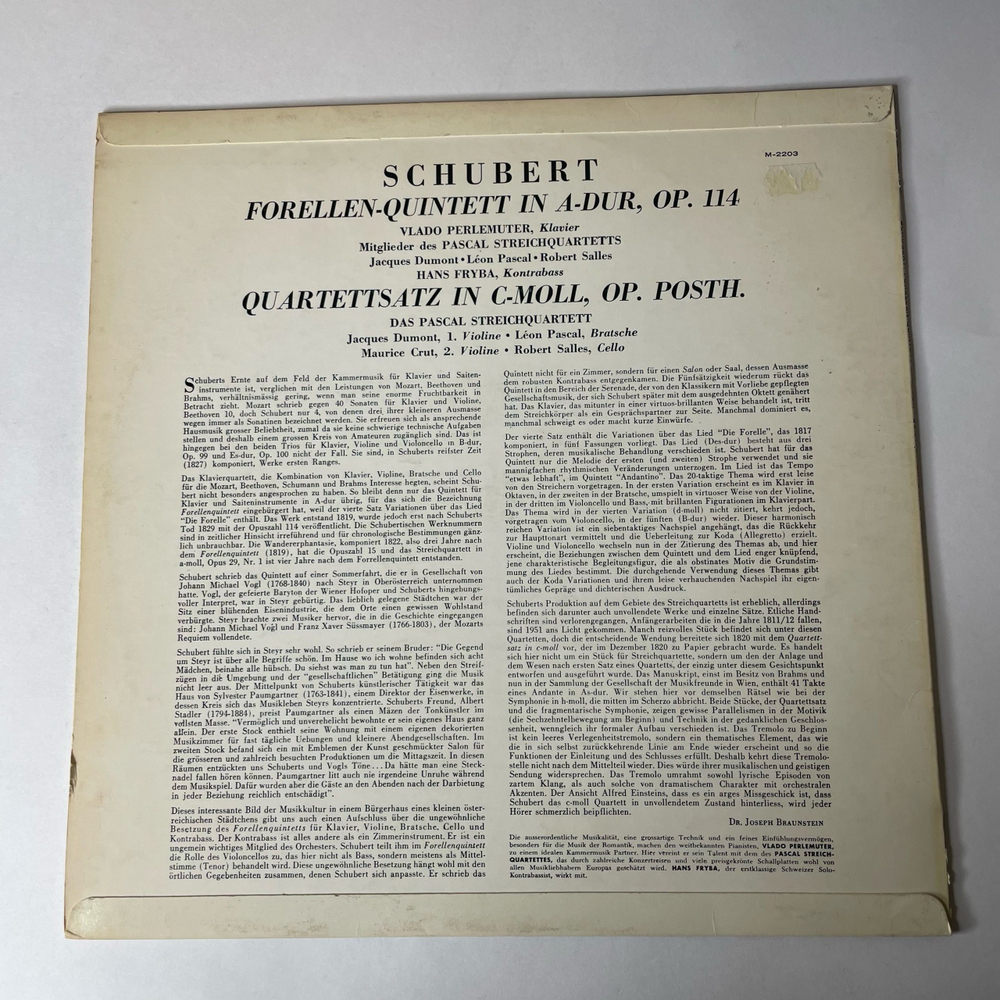 Винтажная виниловая пластинка LP Schubert Шуберт, Vlado Perlemuter, The Pascal String Quartet, Hans Fryba Piano Quintet In A, Op. 114 / Quartettsatz In C Minor (Англия 1963)