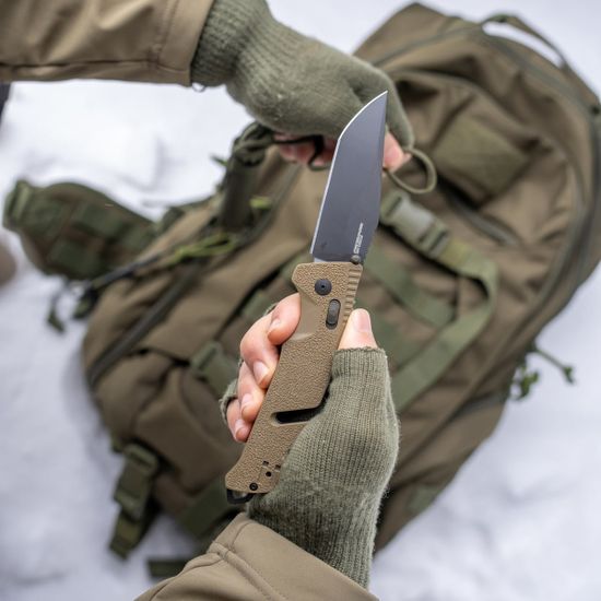 Нож SOG 11-12-12-41 TRIDENT AT FLAT DARK EARTH - Нож полуавтом., рукоять - коричн. GRN, черн. клинок D2