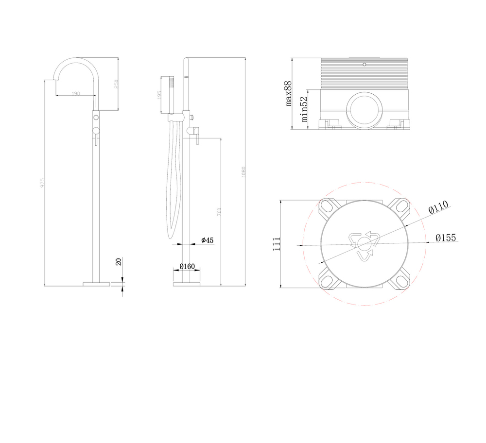 Смеситель ABBER Wasser Kreis AF8115NGN напольный для ванны, никель
