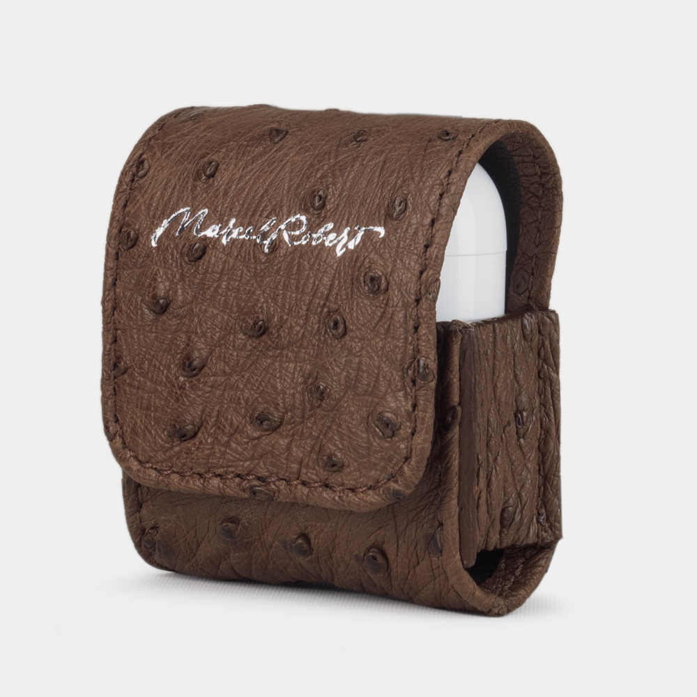 Чехол-держатель для наушников Petit Bisness из натуральной кожи страуса, коричневого цвета