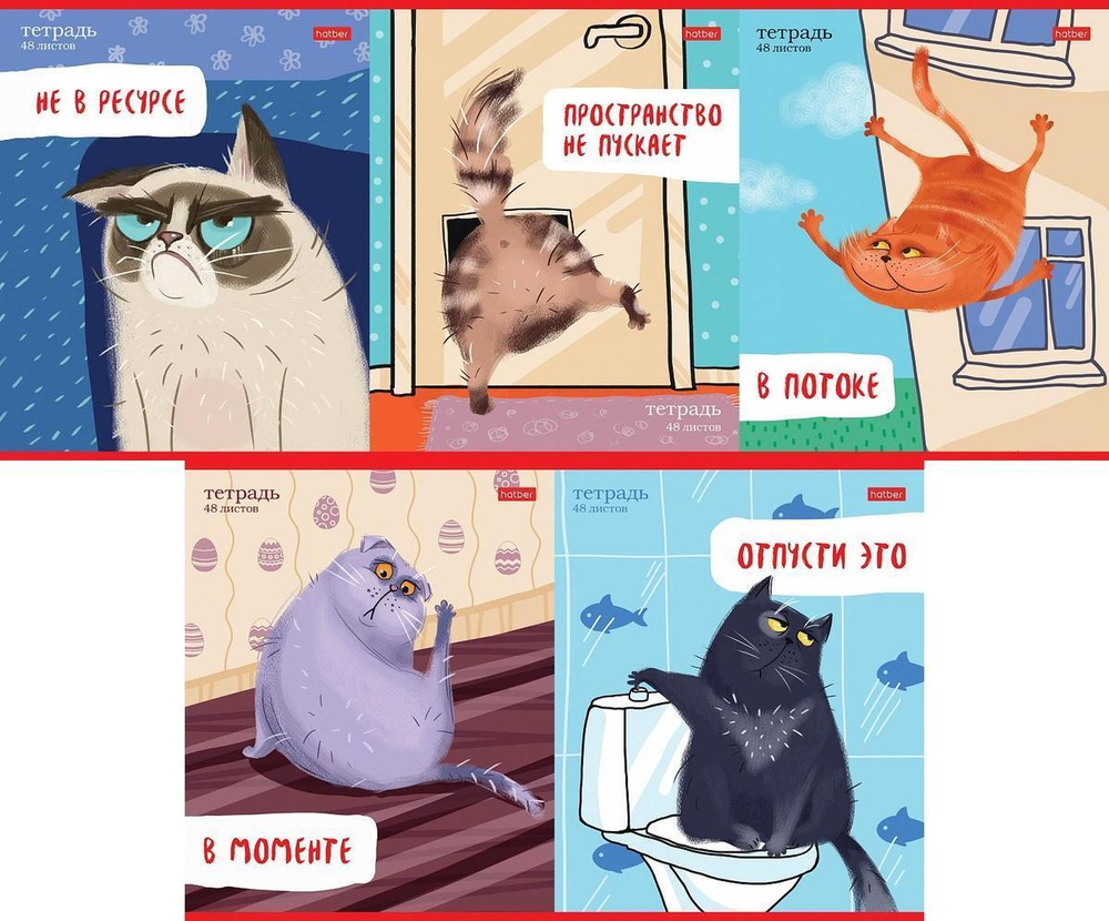Тетрадь А5ф 48л линия на скобе, ассорти "Кот-обормот" (Хатбер)