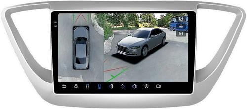Магнитола для Hyundai Solaris 2 2017-2022, Solaris HS 2024+ (рамка серебро) - FarCar BX766M-360 монитор 9.5" 2K QLED на Android 13, Быстрая, CarPlay, 4G SIM-слот, 4 камеры в комплекте
