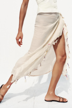 ZARA ШАРФ ИЗ СМЕСОВОГО ЛЬНА С ПОМПОНАМИ, ЭКРЮ