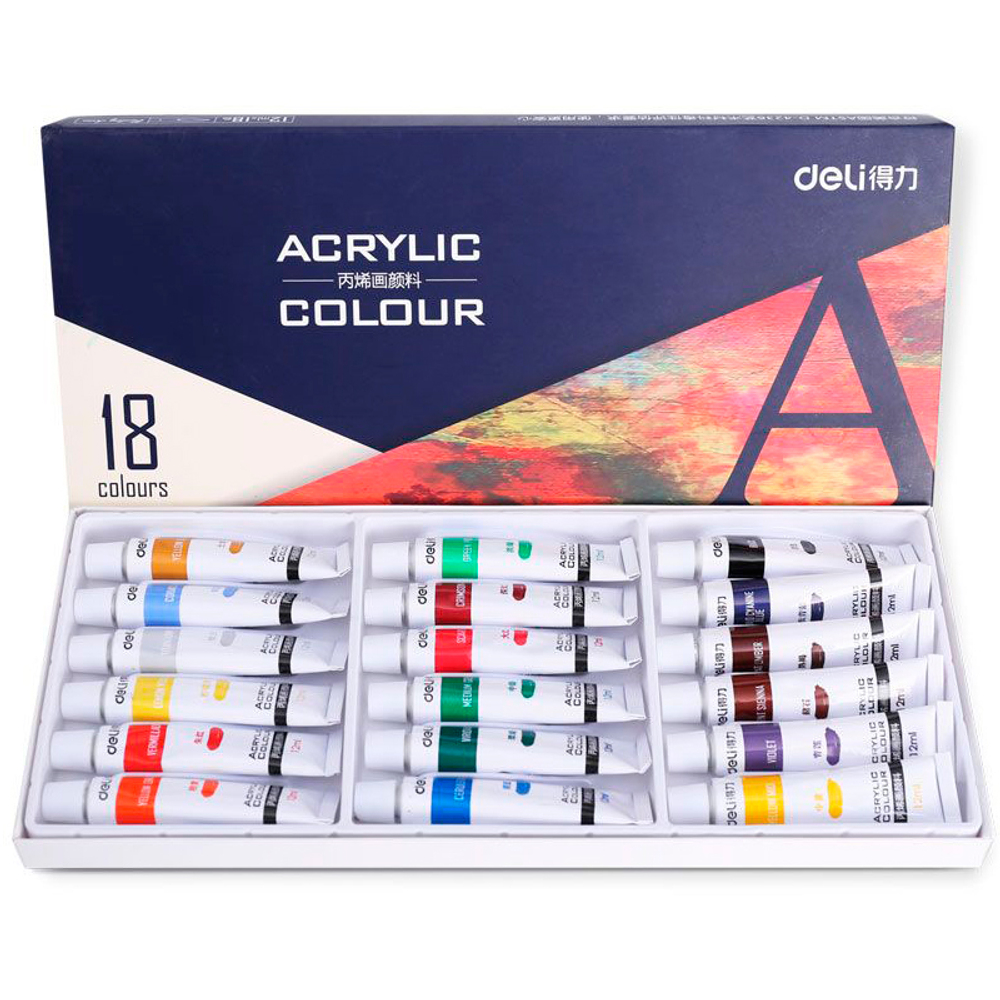 Краски акриловые DELI художественные, глянцевые, 18 цветов по 12 мл., картон