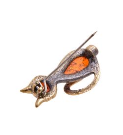 AM-3471 Брошь «Кошка Клякса» (латунь, янтарь)