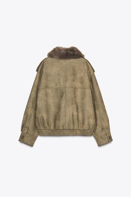 ZARA КУРТКА ИЗ ИСКУССТВЕННОЙ ЗАМШИ СО СЪЕМНЫМ ВОРОТНИКОМ, ХАКИ