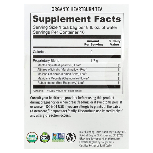 Earth Mama, Organics, органический чай от изжоги, успокаивающая мята, без кофеина, 16 чайных пакетиков, 27,2 г (0,96 унции)