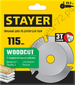 STAYER WOODCUT 115х22,2мм, 3 резца, диск пильный по дереву для УШМ