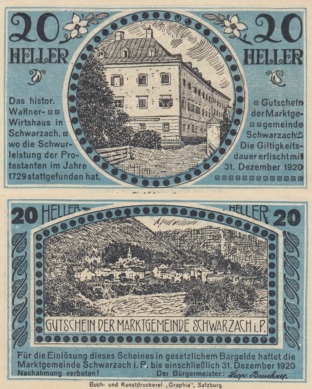 Австрия 20 геллеров 1920 Шварцах-им-Понгау aUNC