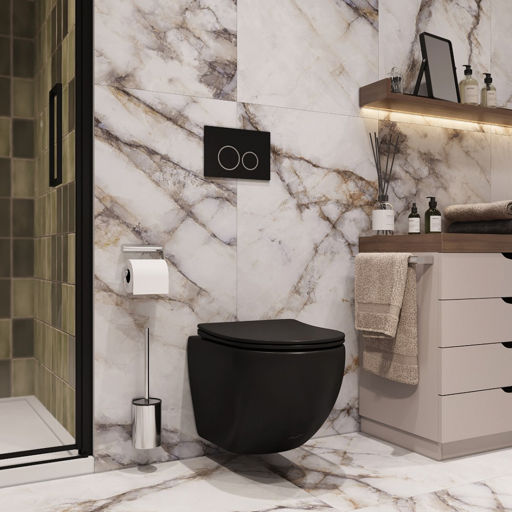 Унитаз подвесной Ceruttispa СЕЛЛА (SELLA) Aria MB CT9160 черный матовый, ТЕРМООБЖИГ (не плёнка) безободковый (490х360х325)