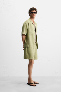 ZARA ШОРТЫ ИЗ 100% ЛЬНА, ЗЕЛЕНЫЙ