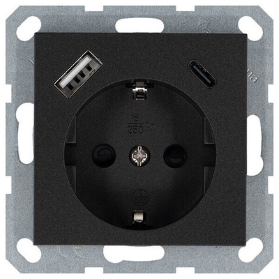 Розетка SCHUKO© с USB A+C с защитными шторками 16A 250V~ 2P+T USB 25W, цвет Антрацит