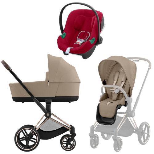 Коляска 3 в 1 Cybex Priam IV Rosegold complete и автокресло Aton B2 i-Size Dynamic Red Cozy Beige