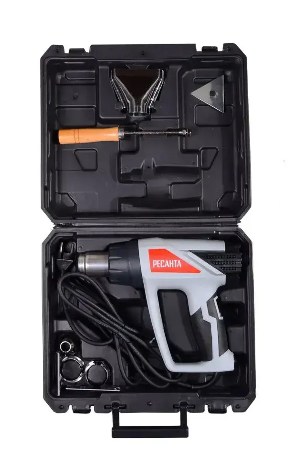 Фен строительный Ресанта ФЭ-2000ЭКД (2000 Вт, 3 режима, воздушный поток 300-500 л/мин, температура воздуха 600 С, кейс, наличие дисплея) / промышленный фен / термопистолет