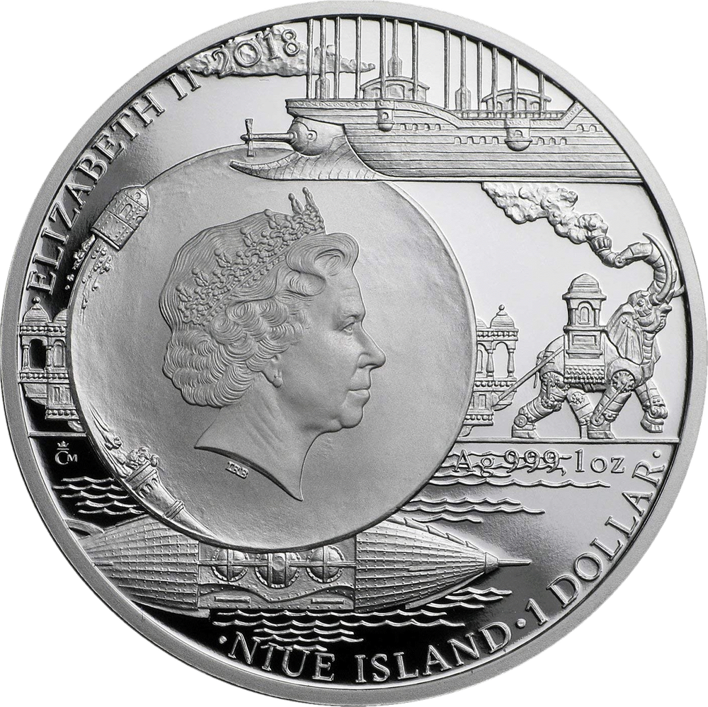 1 доллар. Лунная пушка Колумбиада Жюль Верн Корабль лодка. Ниуэ. 2018 год. PROOF