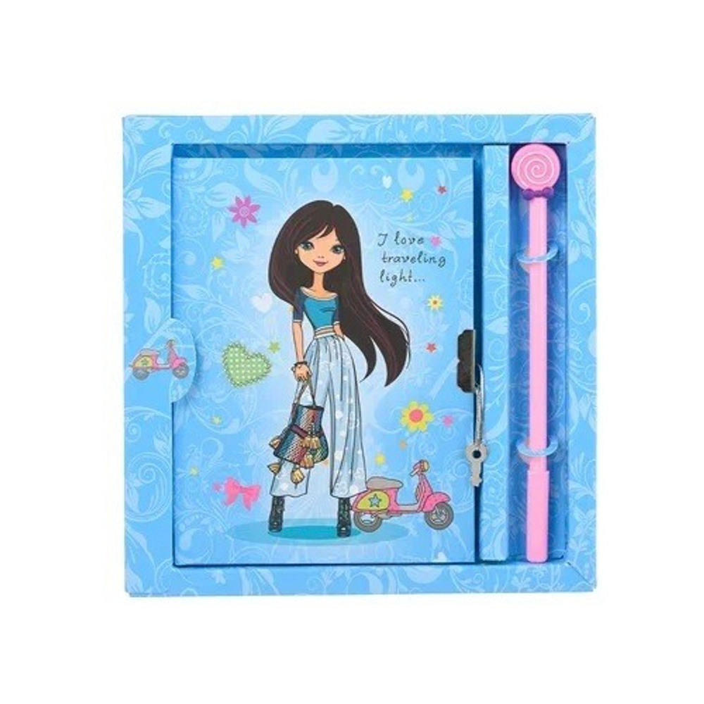 Блокнот детский Basir на замке, с ручкой, формат А6, серия "Девочка", переплет 7БЦ, 17.7*13.2 см, 48 листов, ассорти