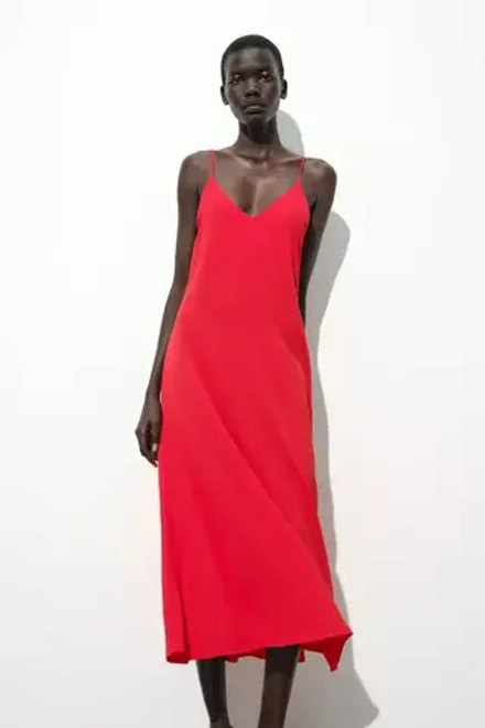 ZARA ПЛАТЬЕ ДЛИННОЕ СТРУЯЩЕГОСЯ ПОКРОЯ, КРАСНЫЙ