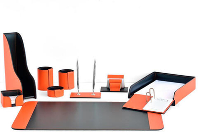 Настольный набор 10 предметов из кожи цвет оранж/шоколад