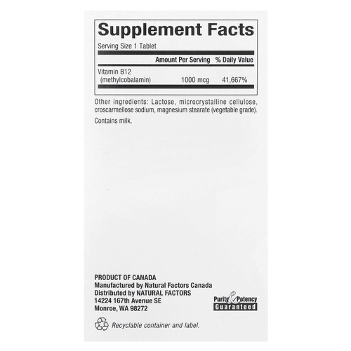 Natural Factors, витамин B12, метилкобаламин, 1000 мкг, 90 жевательных таблеток