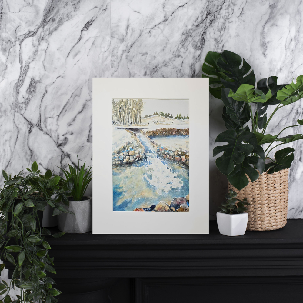 Картина авторская акварельная в паспарту 30х40 см на стену для интерьера "Нижний водопад в Веребково"