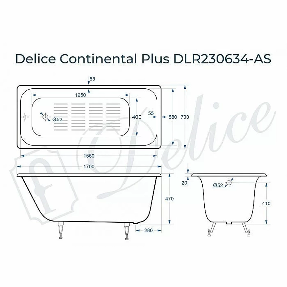 Ванна чугунная Delice Continental PLUS Elite DLR230634-AS 170х70 белая
