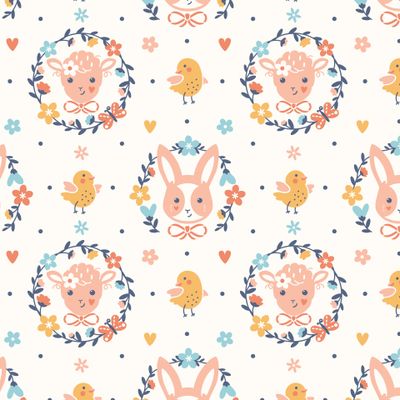 Весенний узор с розовым ягненком, кроликом, цыплятами и венками из цветов.