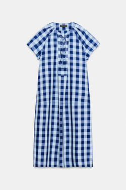 ZARA ПЛАТЬЕ В КЛЕТКУ С ЗАВЯЗКАМИ — ZW COLLECTION, СИНИЙ