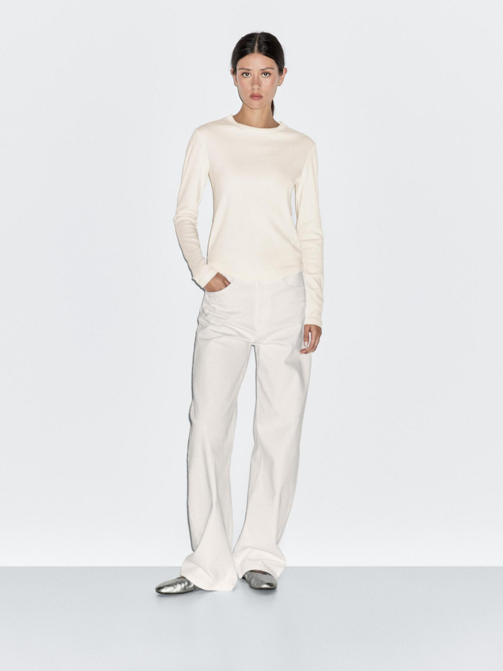 Massimo Dutti Футболка с закругленными краями и длинными рукавами, натуральный, кремовый