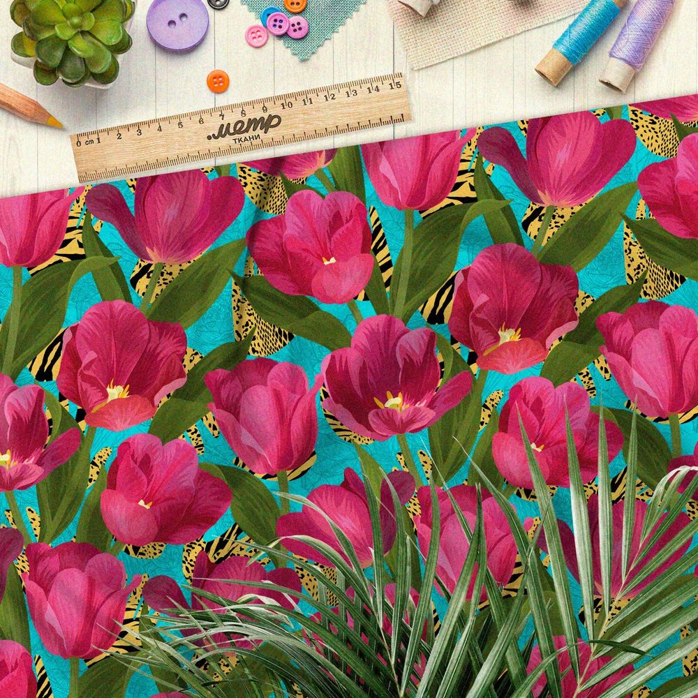 Ткань оксфорд 600 яркие тюльпаны на бирюзовом фоне