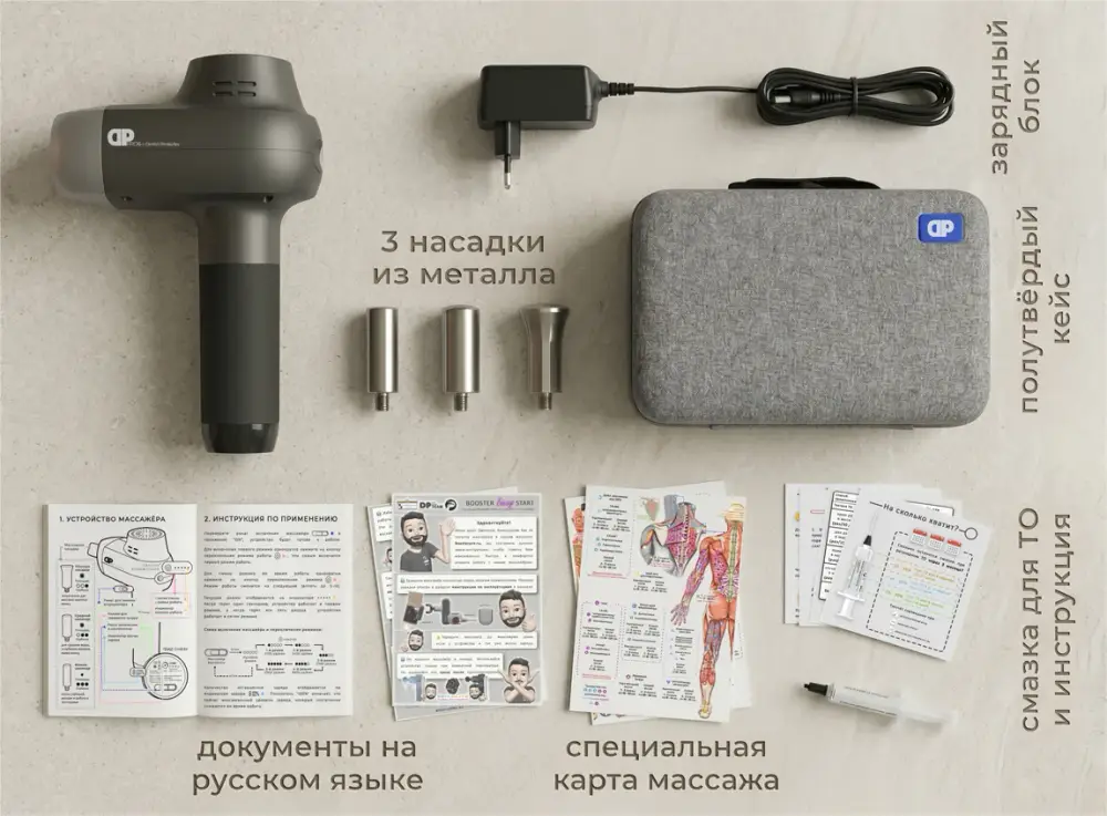Комплектация premium массажёра ударного: 3 насадки из металла, инструкции на русском языке