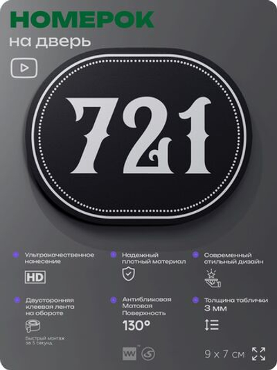 Номерок на дверь квартиры 721, для кабинета, офиса, шильдик 9 х 7 см, черный, Айдентика Технолоджи