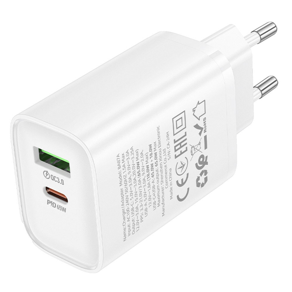 Сетевой адаптер питания BOROFONE BA87A PD 65W + QC 3.0 (белый)