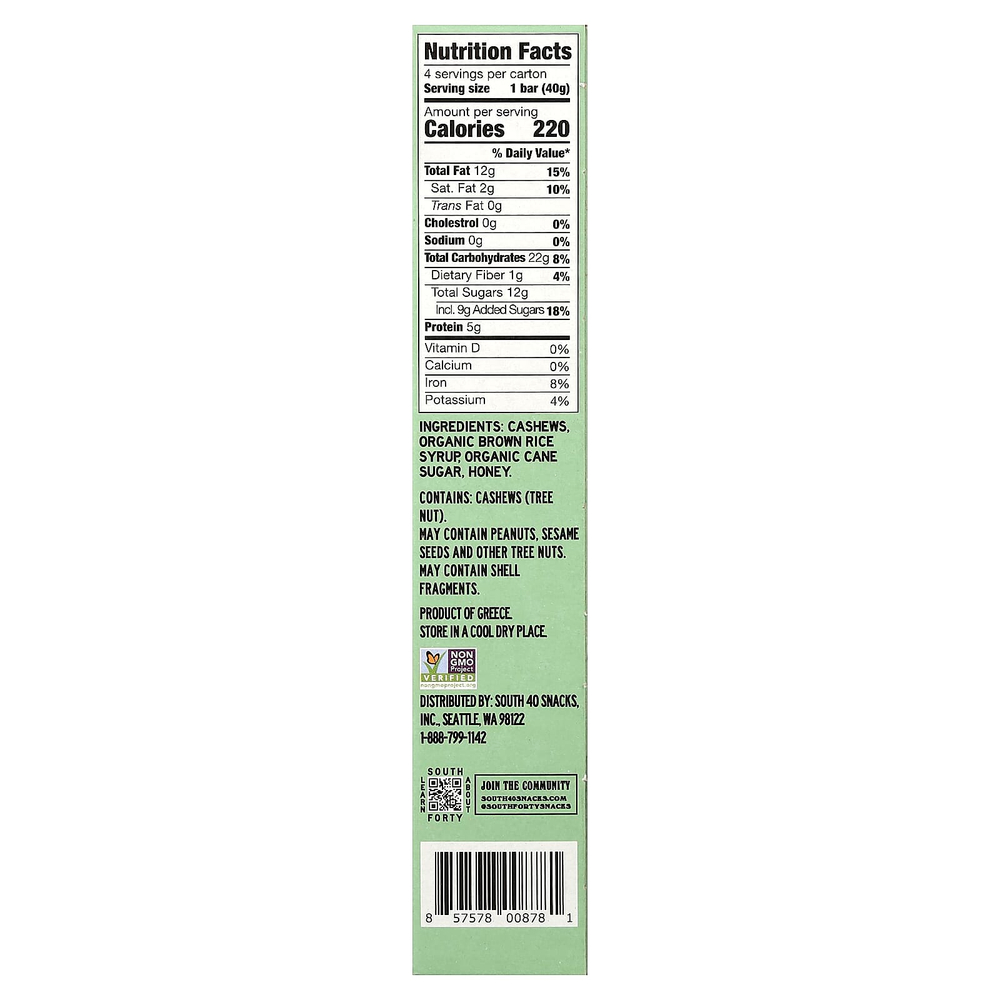South Forty Snack Company, батончик с орехами, кешью и медом, 4 батончика по 40 г (1,4 унции)