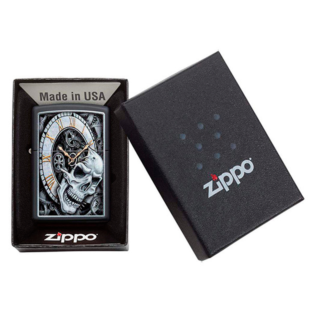 Зажигалка Zippo Skull Clock Design с покрытием Black Matte