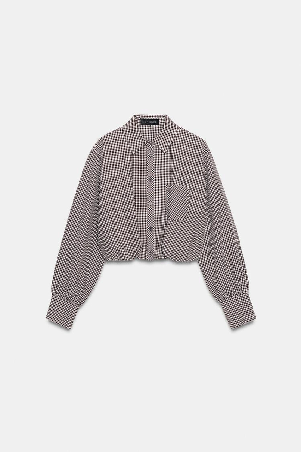 ZARA УКОРОЧЕННАЯ РУБАШКА В КЛЕТКУ ВИШИ, КОРИЧНЕВЫЙ/БЕЛЫЙ