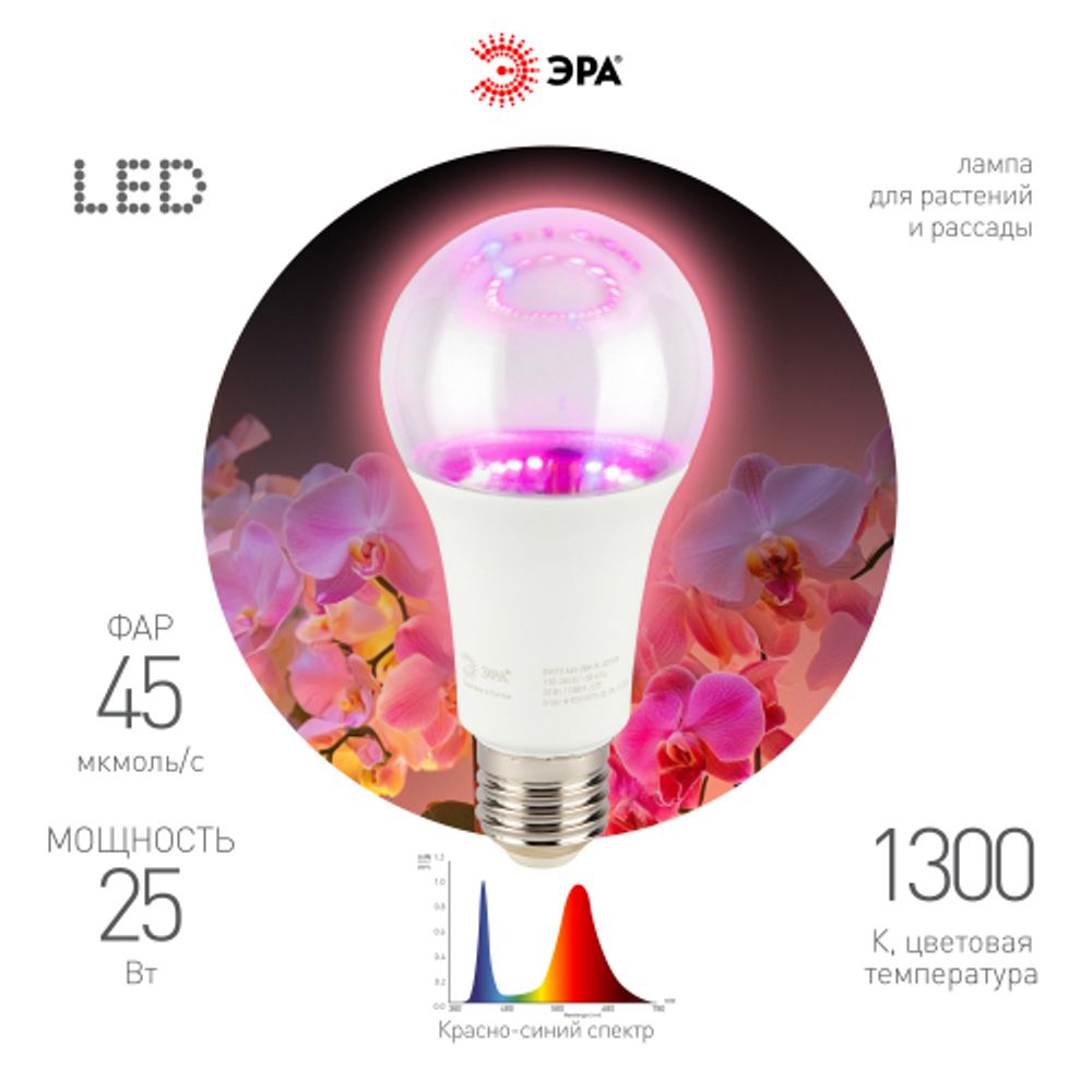 Фитолампа для растений светодиодная ЭРА FITO-25W-RB-E27 красно-синего спектра 25 Вт Е27 | Фитолампы Е27