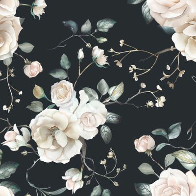 Белые акварельные розы на черном фоне